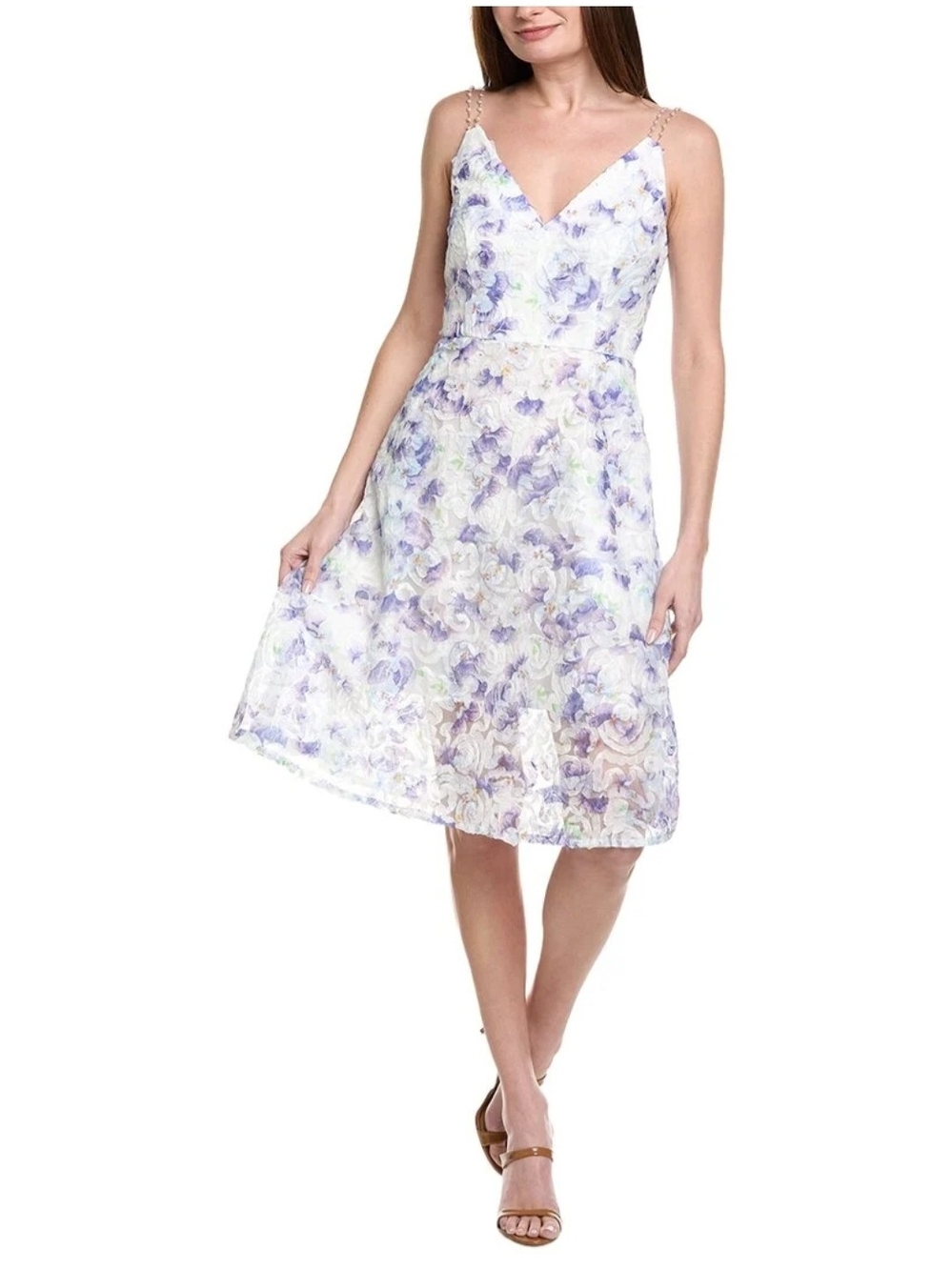 Adrianna Papell Lavender & White Floral Lace V-Neck Midi Dress